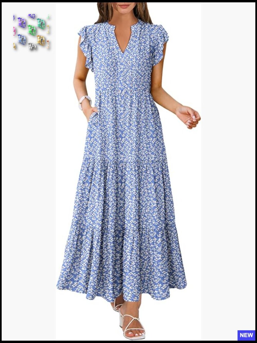 Boho Maxi Dress V Neck Ruffle Sleeve Flowy Tiered Casual Summer Beach